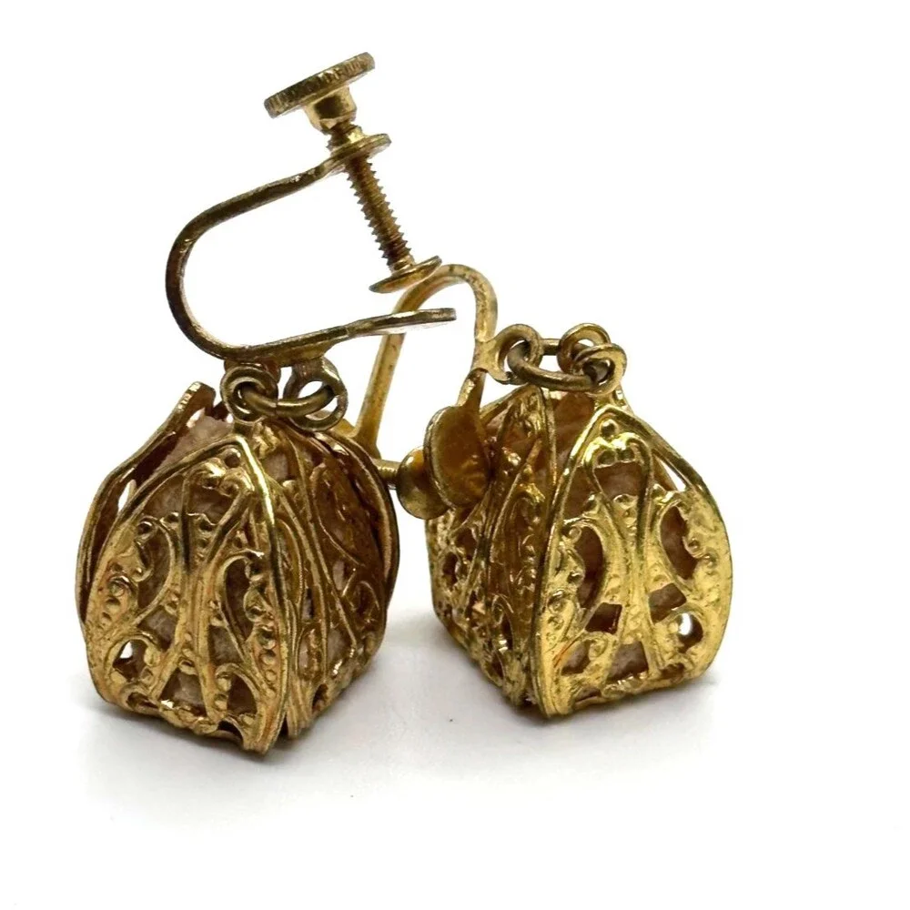 Vintage Gold Tone Filigree Cage Dangle Screw Back Earrings Lantern Bell Openwork